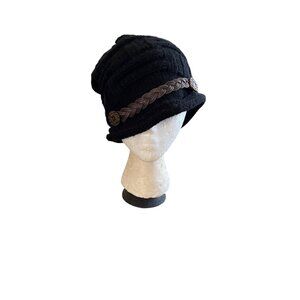 Black beenie toboggan hat with brown beading and buttons in front